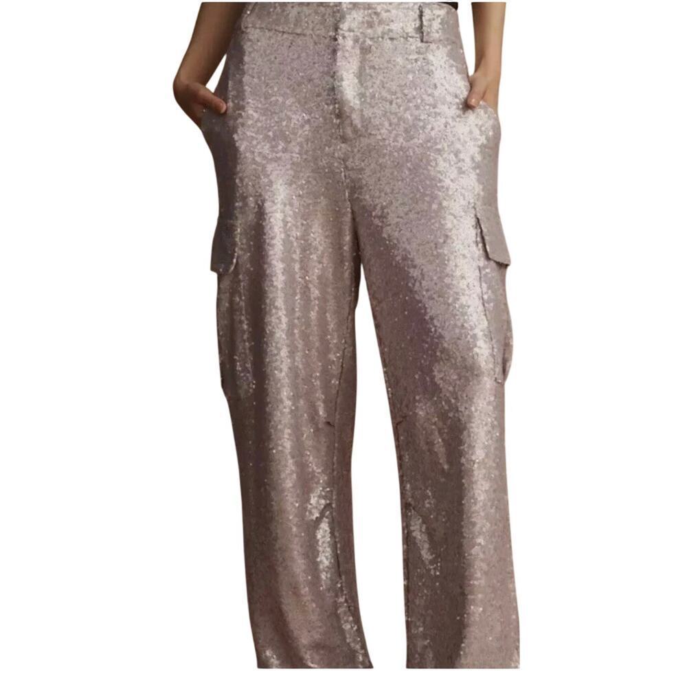 Anthropologie Sequin Wide-Leg Cargo Pants Lilac Champagne Metallic XS